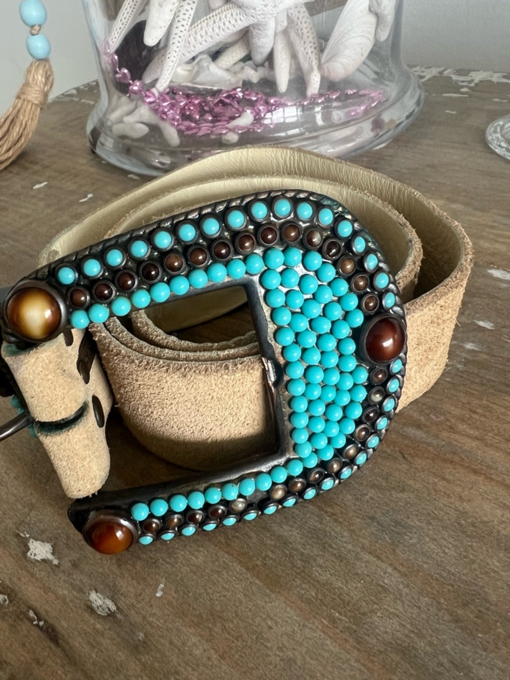 Turquoise Beaded Suede Belt with Decorative Buckle